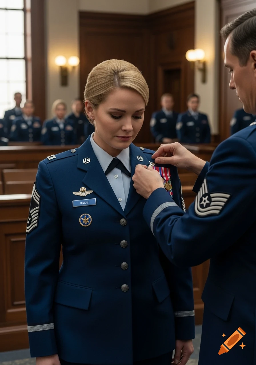 A woman in an Air Force uniform looks down as a man pins medals and rank insignias to her uniform in a courtroom.