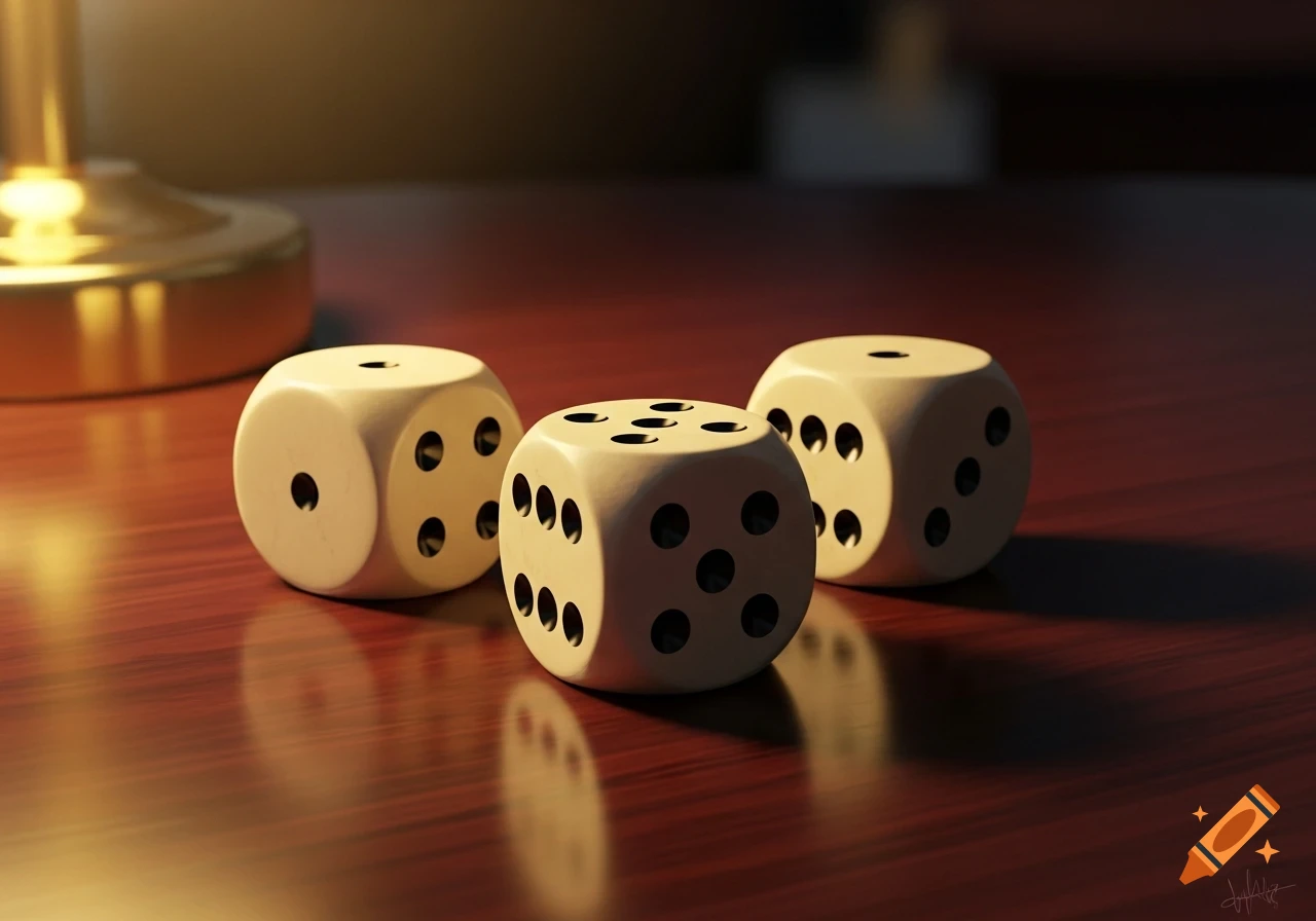 Three white dice with black pips on a glossy wooden table, illuminated by a warm light from the left, photorealistic.