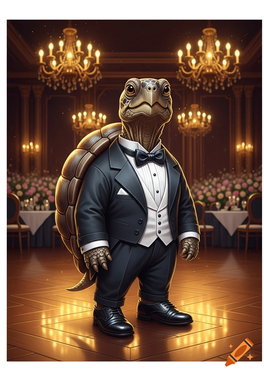 An anthropomorphic turtle in a black tuxedo and bow tie stands in an opulent ballroom with chandeliers and flower arrangements.