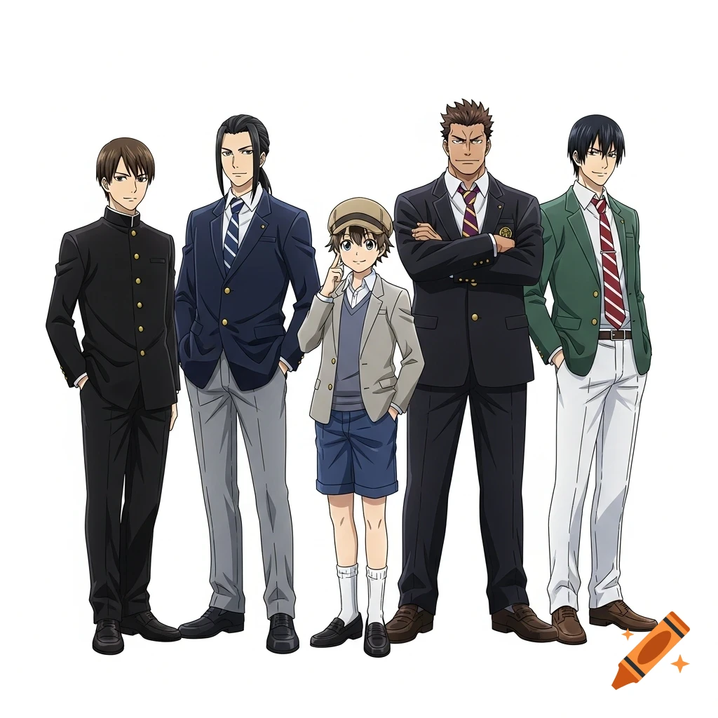 A group of five male anime characters, ranging from pre-teen to adult, wearing various uniforms and suits, standing against a white background.