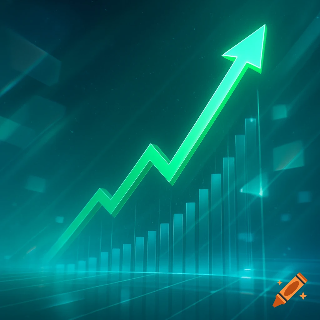 A vibrant green line graph with an upward trend and bar charts against a digital teal-blue background.