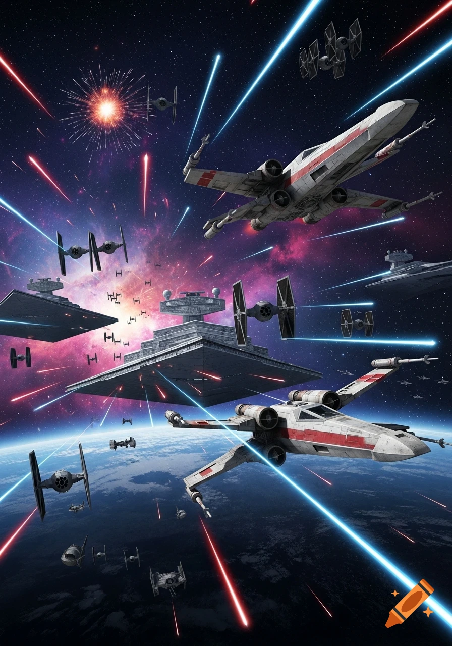 Epic Star Wars space battle with X-Wings, TIE Fighters, and Star Destroyers firing lasers above a planet in a vibrant galaxy.