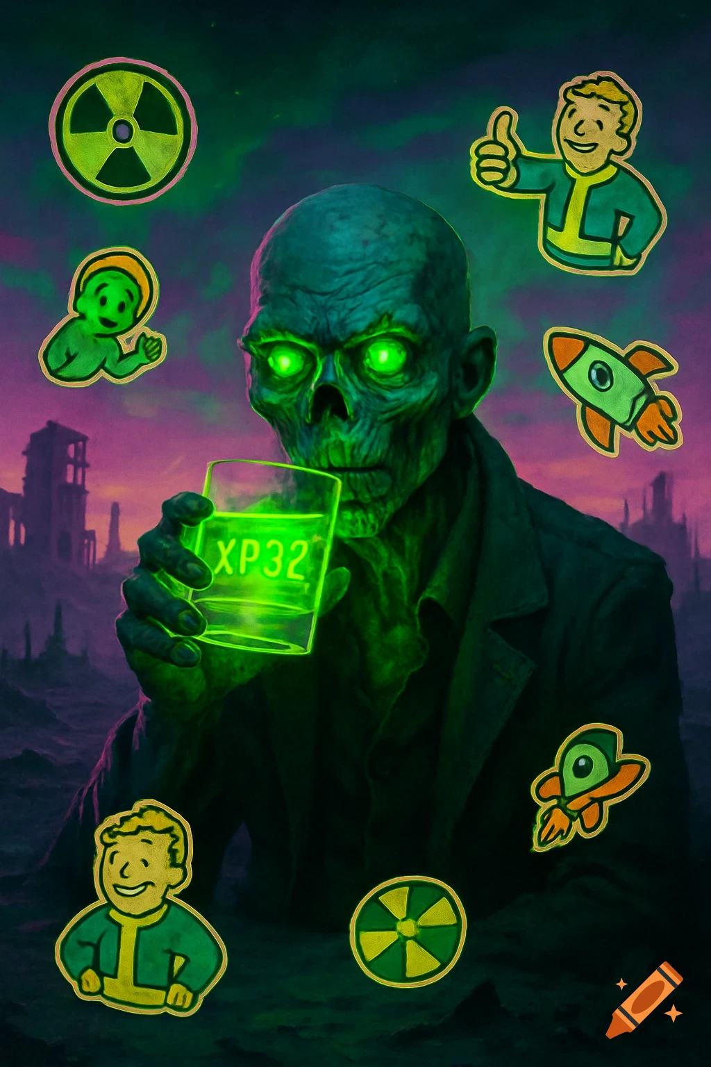A ghoul with glowing green eyes sips from a glass labeled 'XP32' amidst Fallout-style stickers in an apocalyptic wasteland.