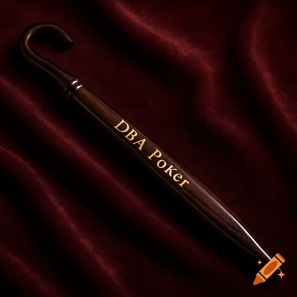 Dark wooden stick with 'DBA Poker' in gold text, on a rich red velvet fabric.