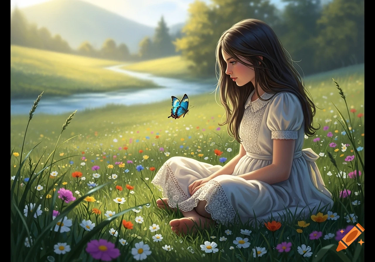 A long-haired girl in a white dress sits barefoot in a field of colorful wildflowers, gazing at a blue butterfly.