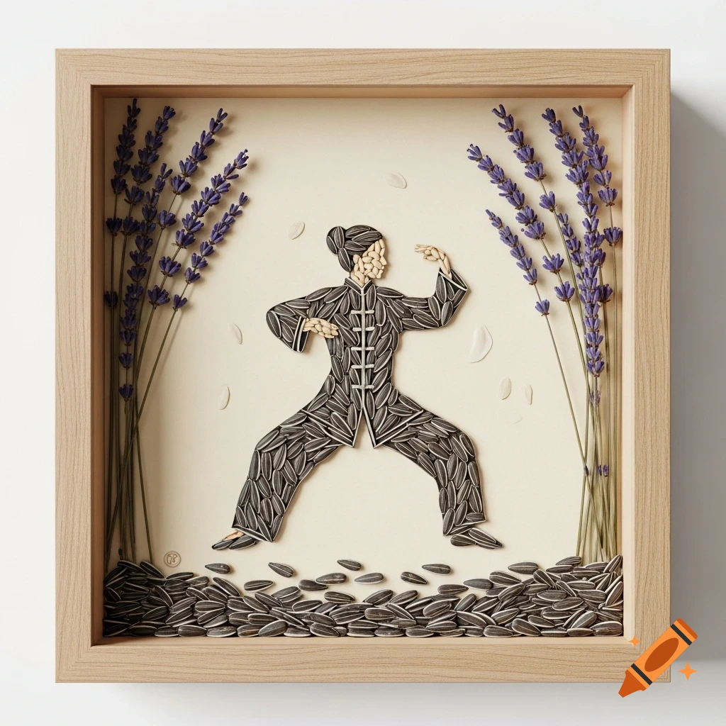 A wood-framed shadow box art of a woman doing Tai Chi, made from sunflower seeds and lavender branches.