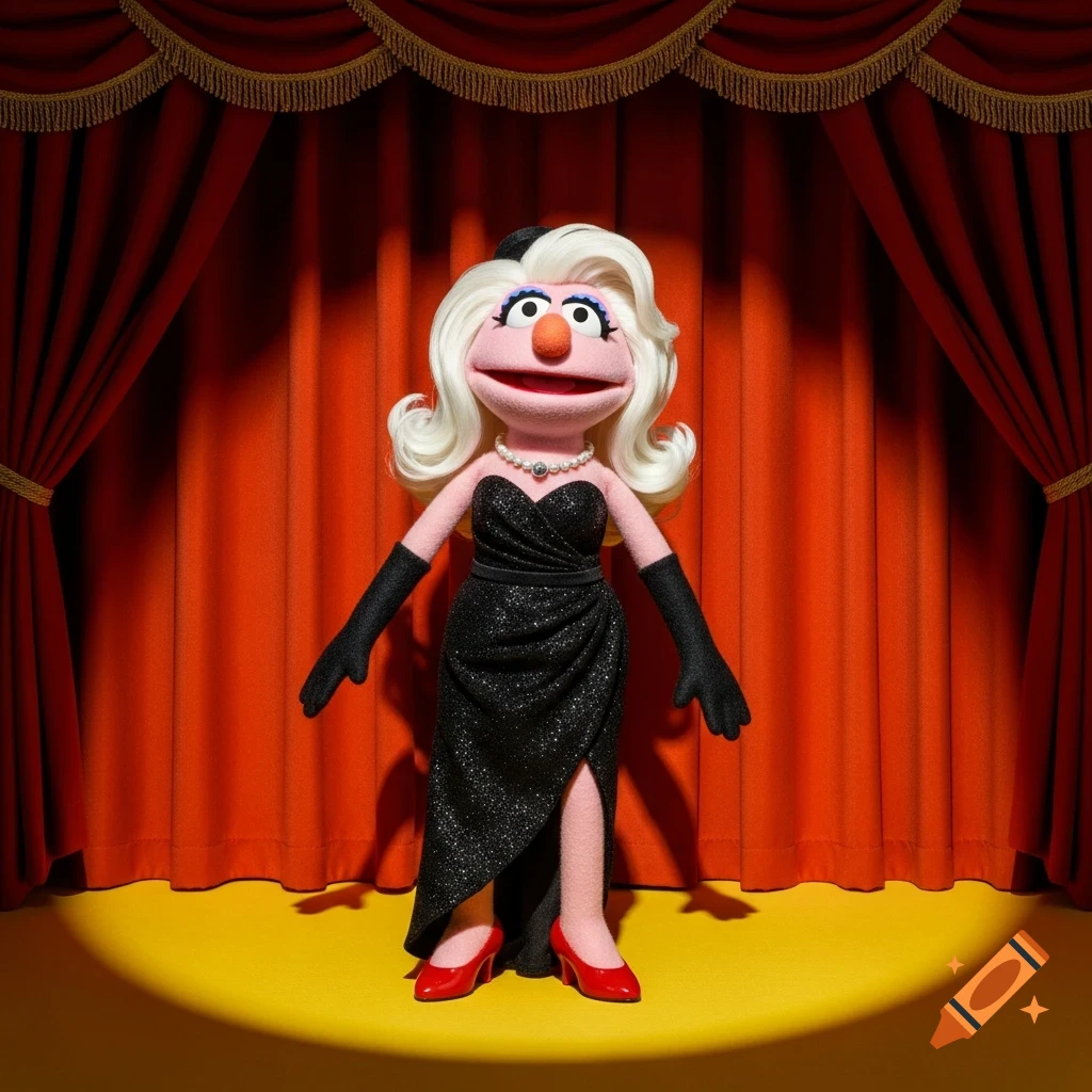 A glamorous pink Muppet in a sparkling black gown, red heels, and white hair stands on a yellow stage before red velvet curtains.