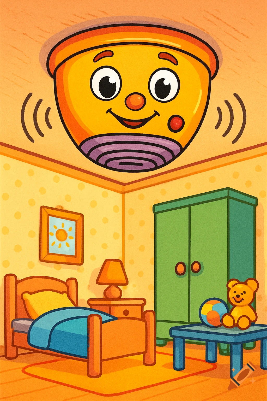 A friendly cartoon smoke detector on the ceiling of a child's bedroom, featuring a bed, wardrobe, and toys.