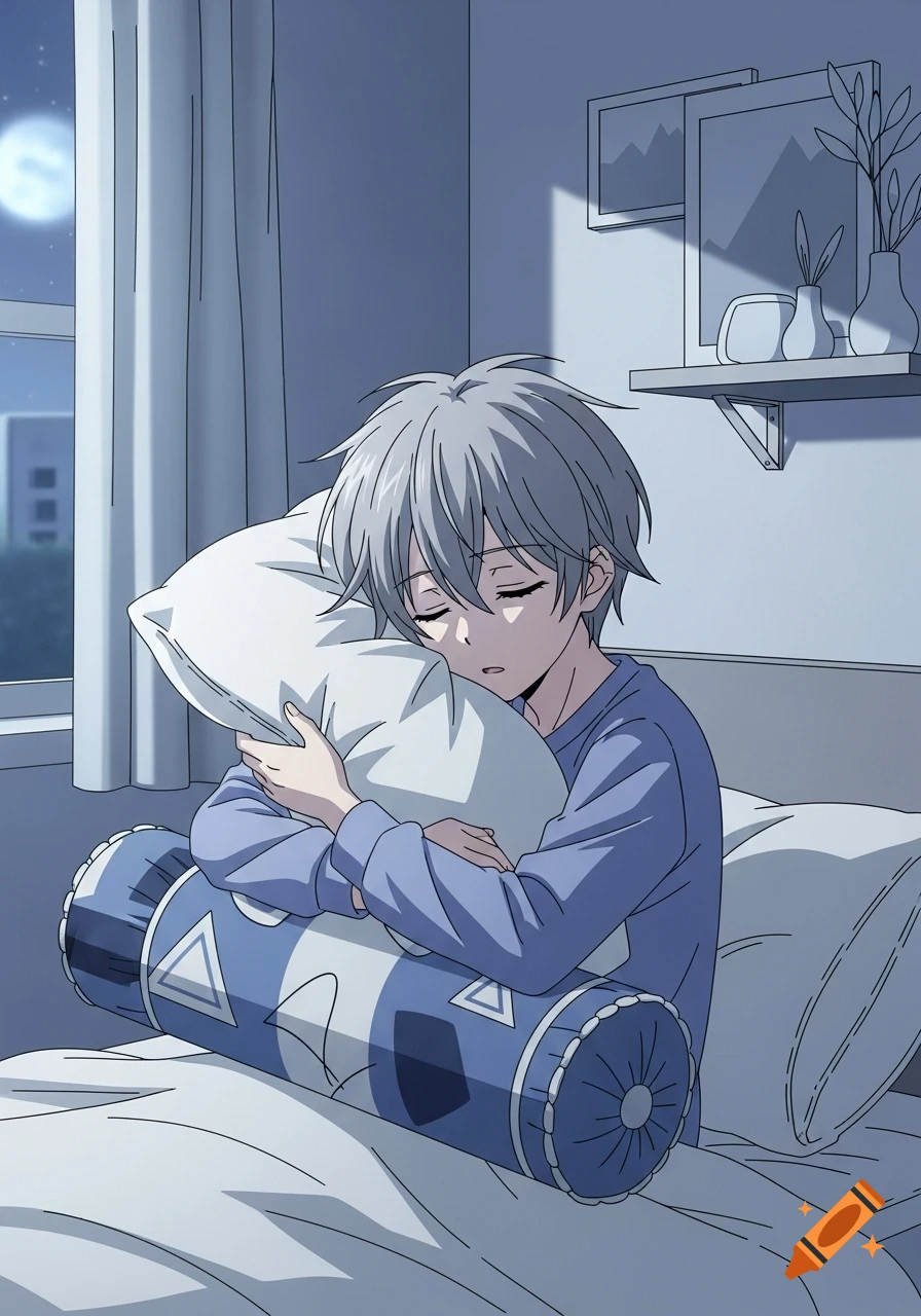 Anime boy with gray hair in blue pajamas sleepily nuzzling a pillow in a dimly lit bedroom at night.