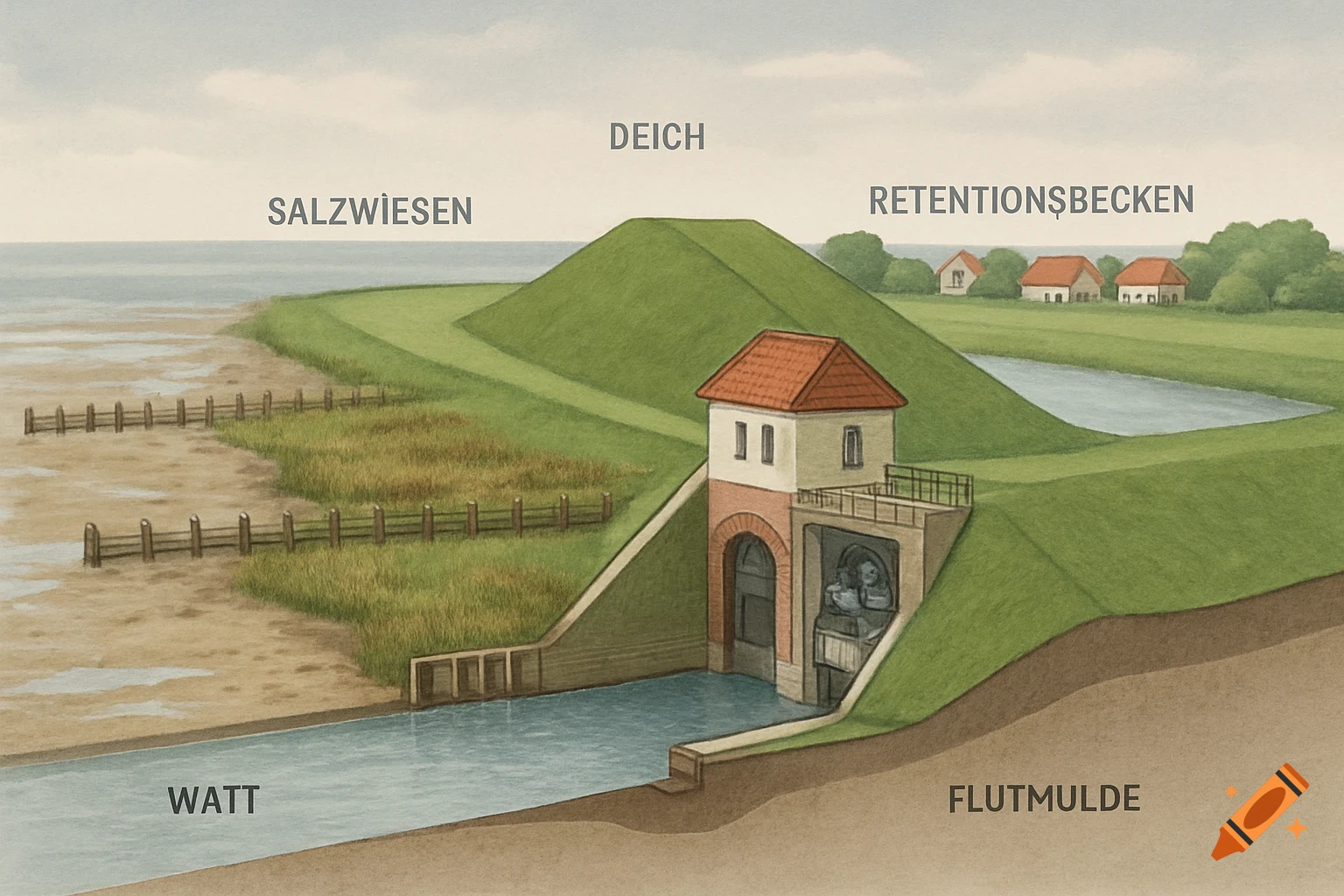 An illustrative cross-section diagram of the German North Sea coast, showing salt marshes, a dike with a pumping station, a retention basin, and houses in the background.