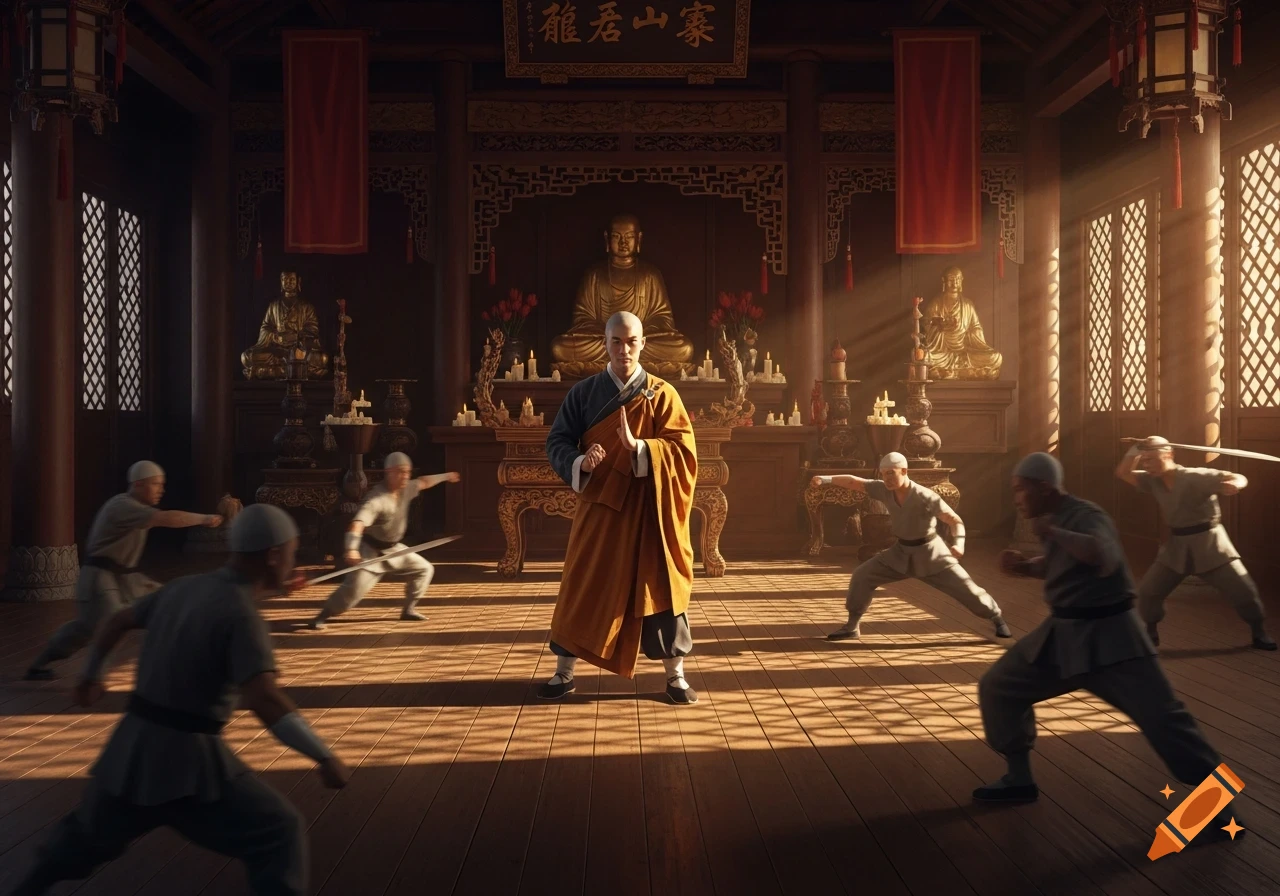 A bald Shaolin monk in an orange robe stands in a sunlit temple, surrounded by opponents with swords, ready for combat.