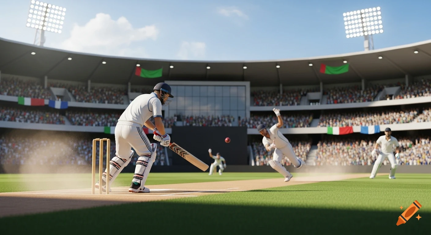 Photorealistic cricket match in a stadium, with a batsman ready to hit the ball and fielders in action.