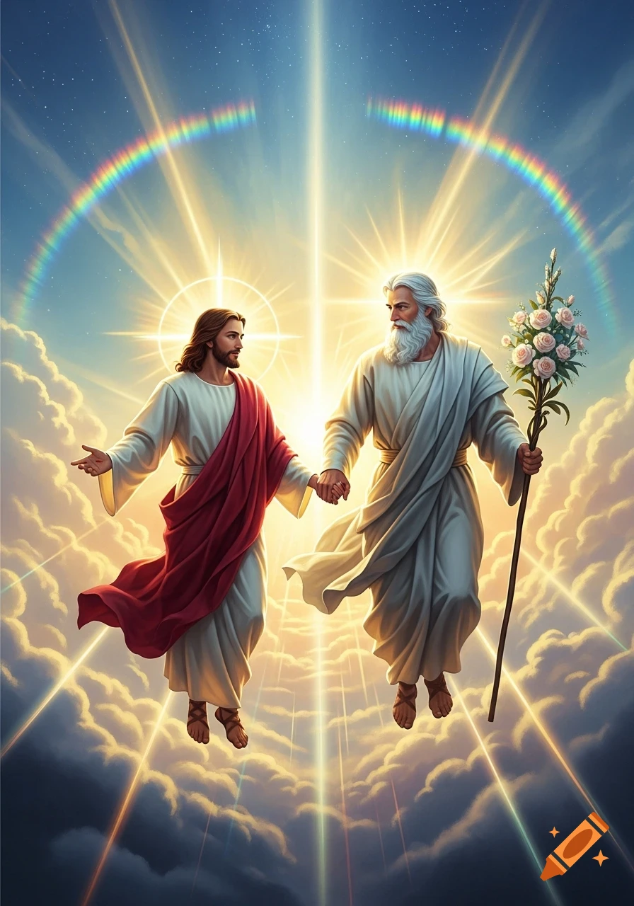 Jesus and an old man resembling God hold hands, floating in a radiant sky amidst clouds and a rainbow.