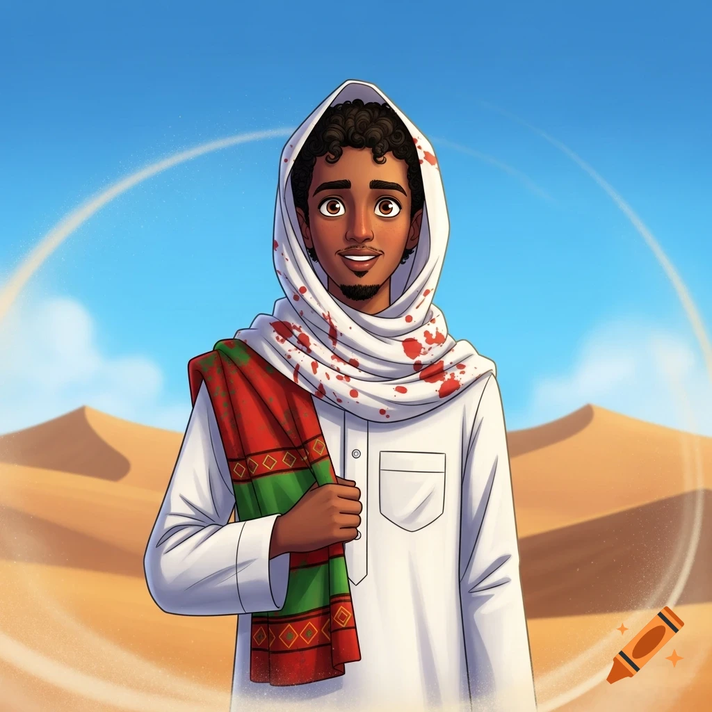 A smiling young Somali man in Pixar style, wearing a white thobe, a red-splattered white headscarf, and holding a red and green patterned shawl, stands in a desert under a blue sky.