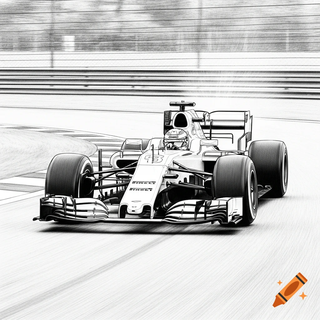 Black and white sketch of a Formula 1 car on a race track.