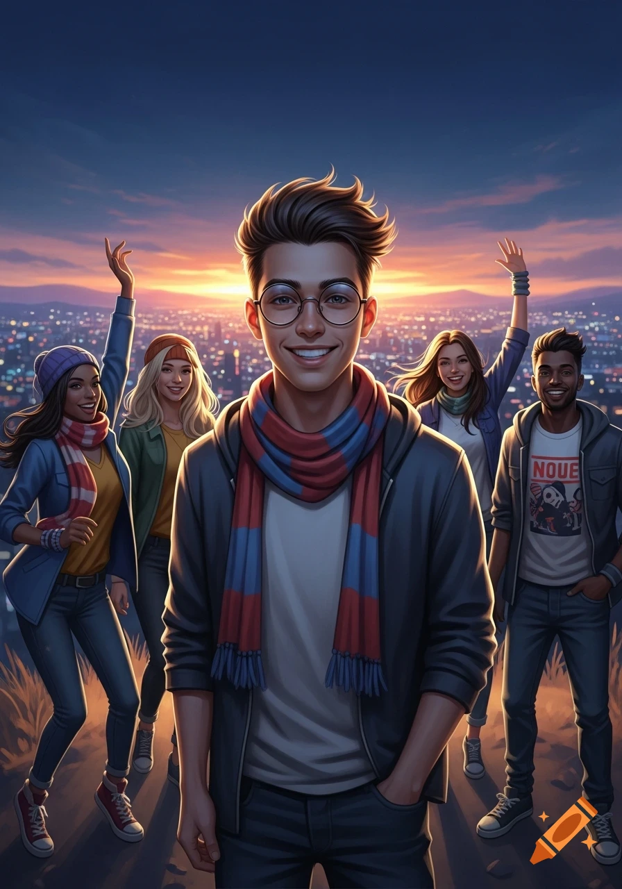 Stylized illustration of a young man in glasses and a striped scarf smiling with four friends on a hilltop overlooking a city at sunset.