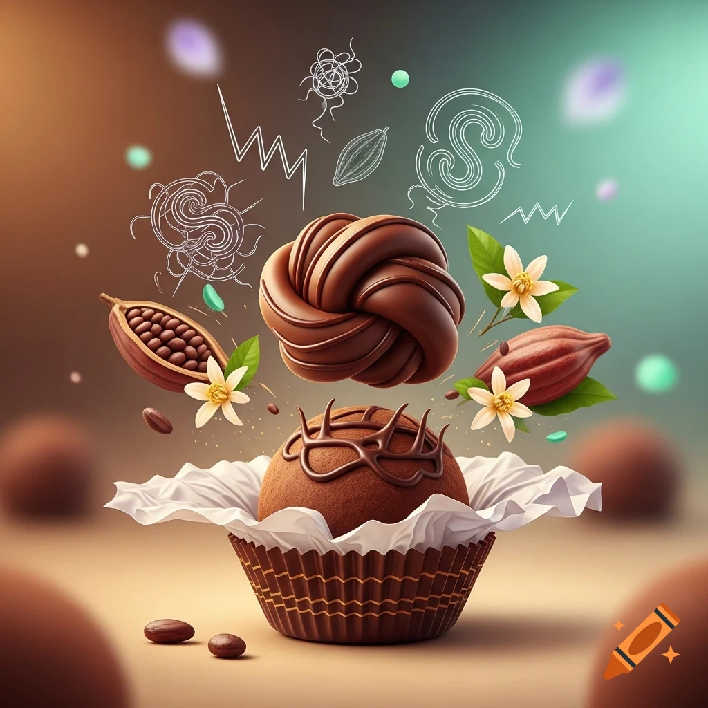 A chocolate truffle in a wrapper with a floating chocolate knot, cocoa pods, and white flowers on a blurred background with abstract doodles.