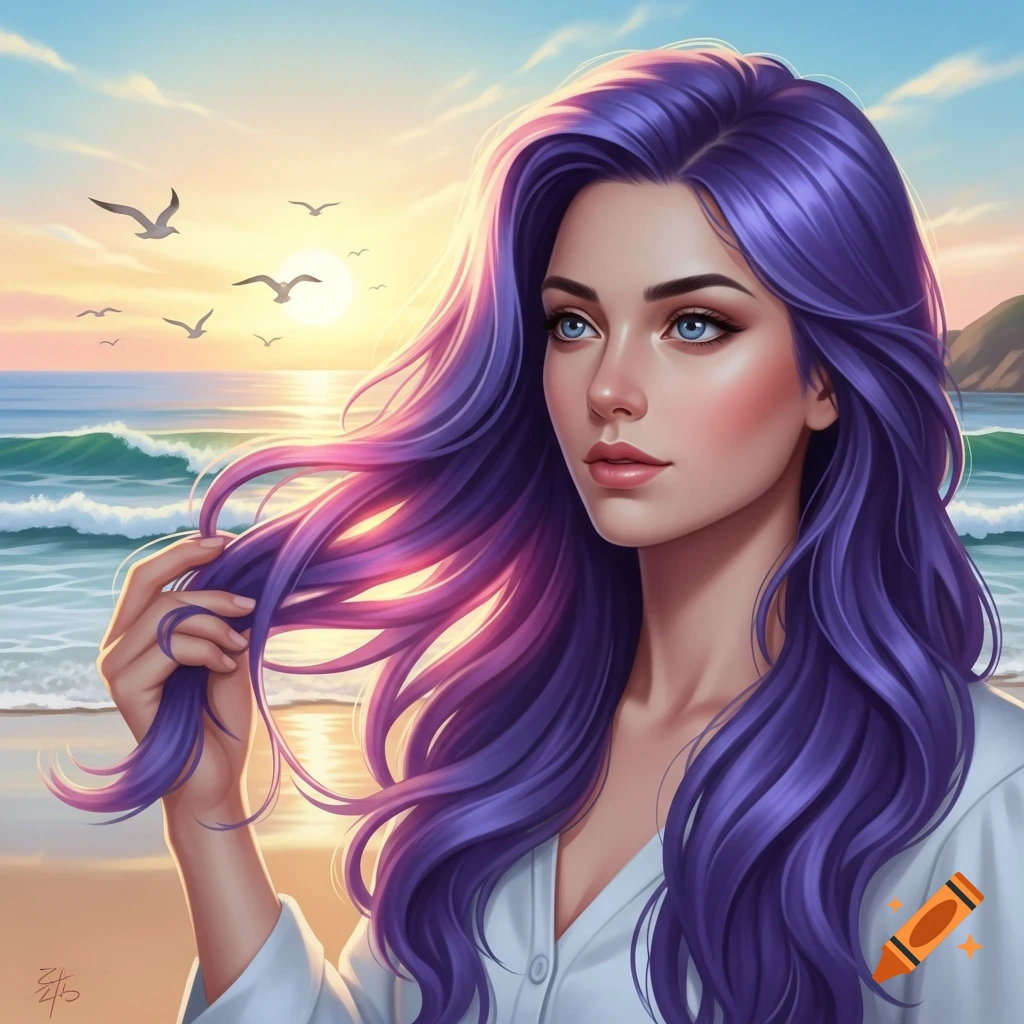 Digital painting of a woman with long flowing purple hair on a sunny ...