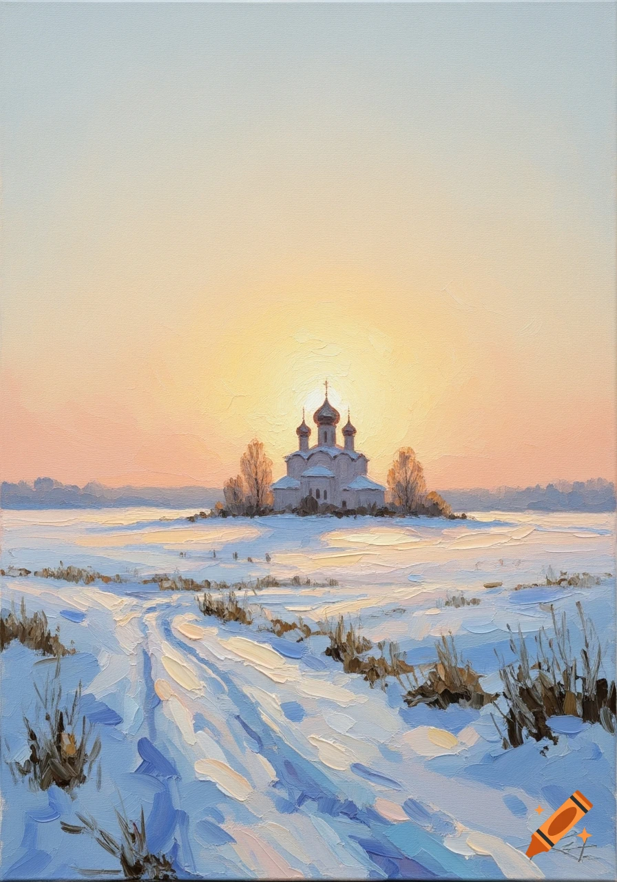 Oil painting of a white Orthodox church with onion domes in a snow-covered winter field at sunrise, with visible brushstrokes.