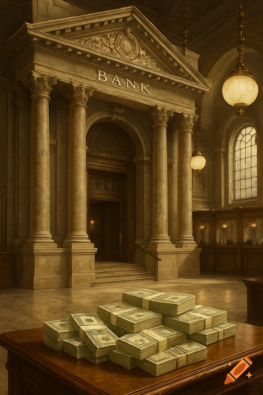 A grand, ornate bank interior with classical columns and a large entrance. Stacks of cash are piled on a table in the foreground.