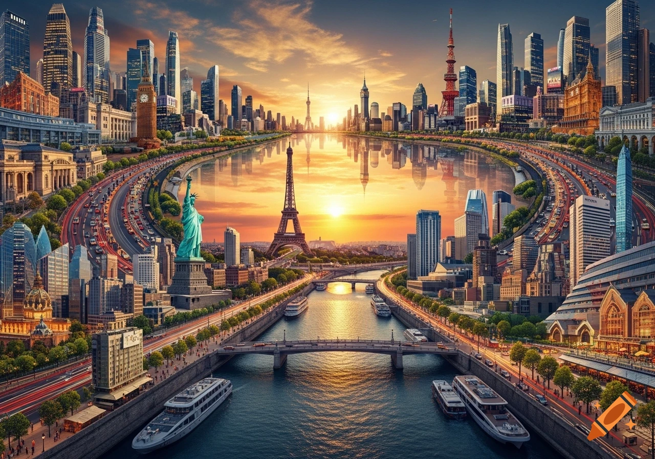 A panoramic collage of world city landmarks, including the Eiffel Tower, Statue of Liberty, Big Ben, and Tokyo Tower, with a river and busy roads at sunset.
