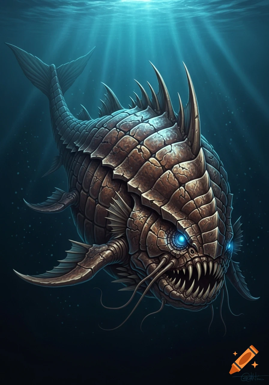 A monstrous, heavily armored deep-sea fish with plate-like scales, glowing blue eyes, and sharp teeth, illuminated by light rays in dark blue water.