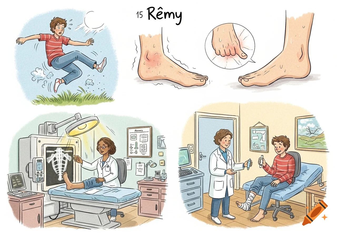 A four-panel cartoon sequence shows a boy falling, his ankle swelling, a doctor taking an X-ray of his foot, and the doctor giving him ointment and a cast for his sprained ankle.