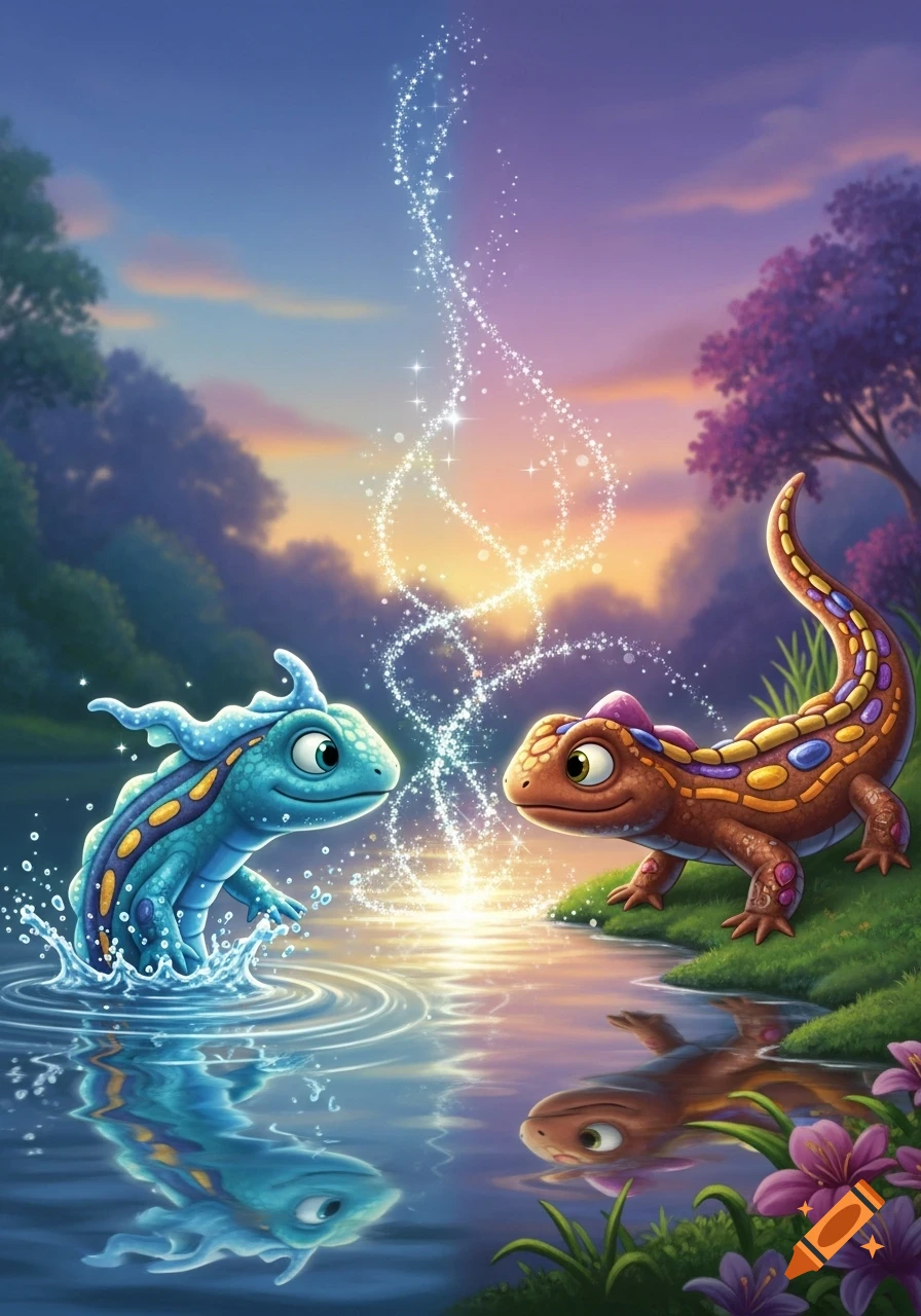 A whimsical illustration of a blue salamander emerging from water and a brown salamander on land, with magical sparkles connecting them at sunset in a vibrant forest.