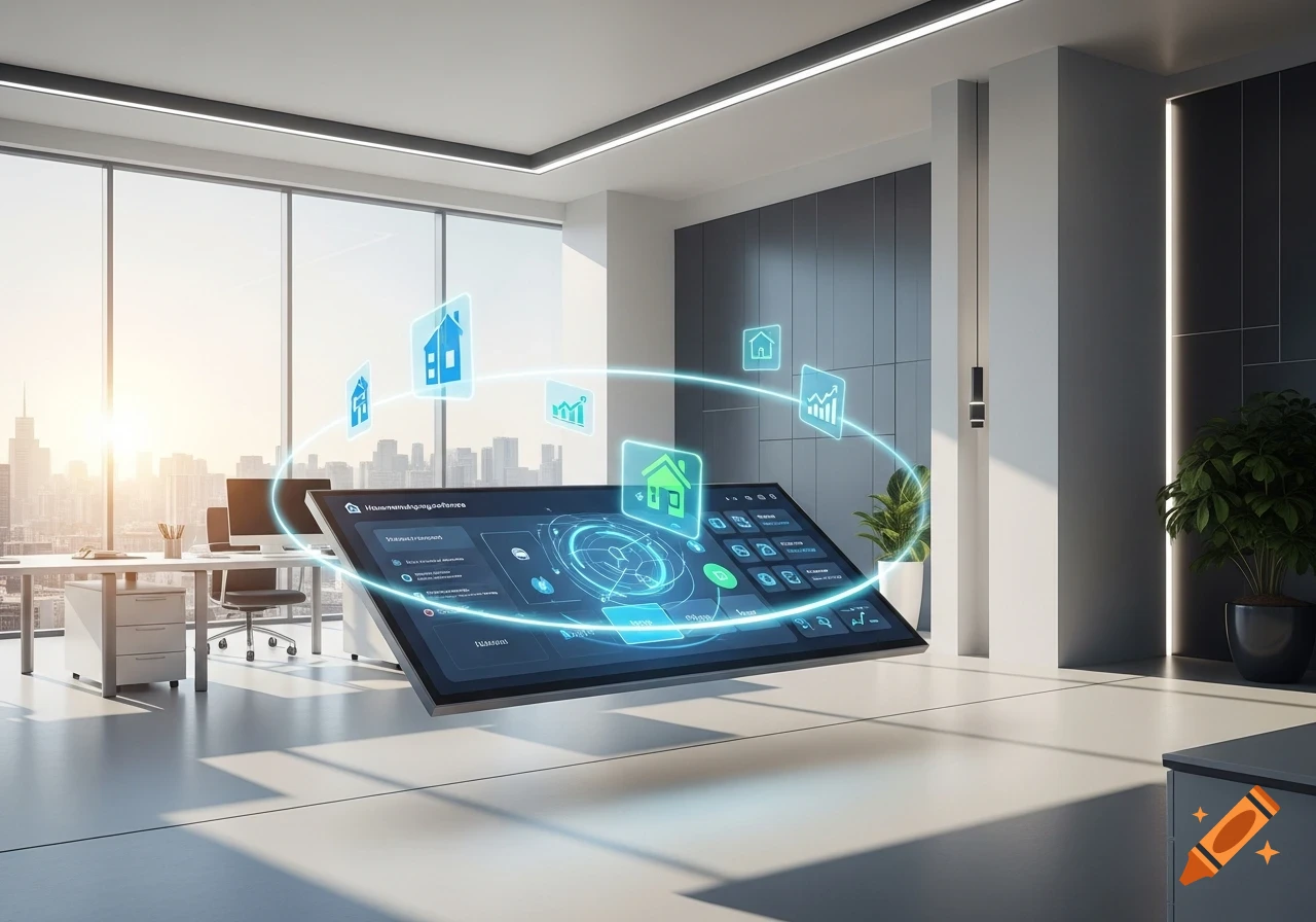 A futuristic holographic screen displaying smart home software in a modern office with a city skyline view.