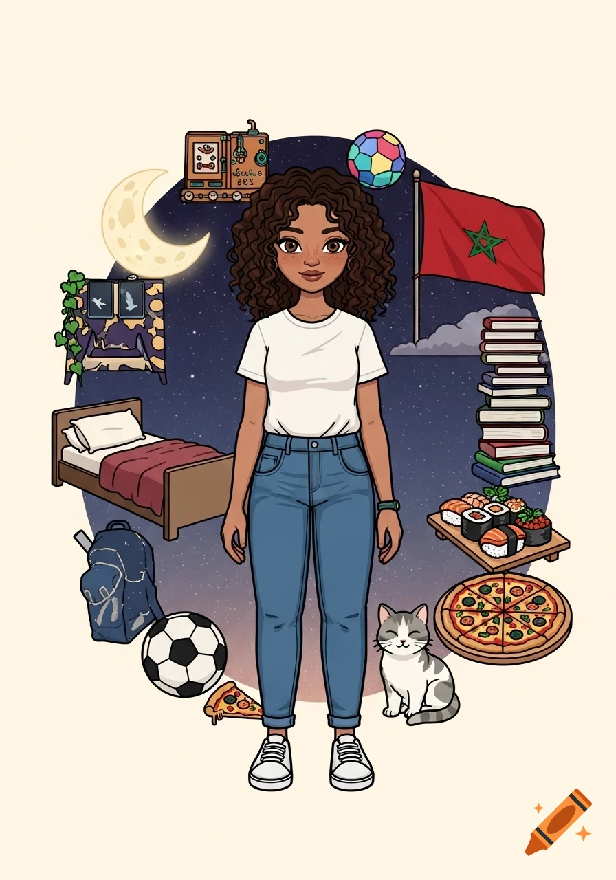 Cartoon illustration of a young girl with curly brown hair, surrounded by items like a bed, books, soccer ball, backpack, a cat, pizza, sushi, and the Moroccan flag, against a night sky.