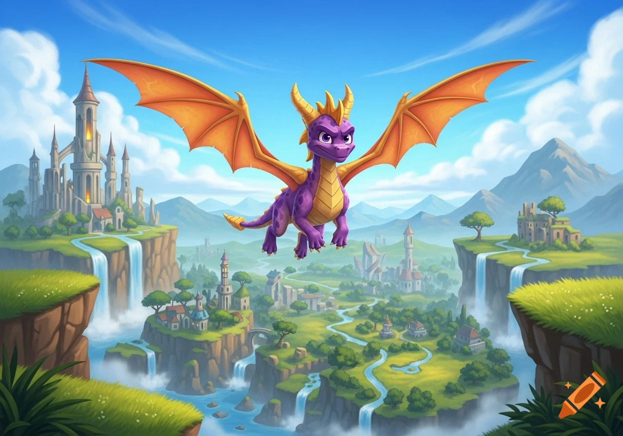 A vibrant cartoon purple dragon with orange wings flies above a ...