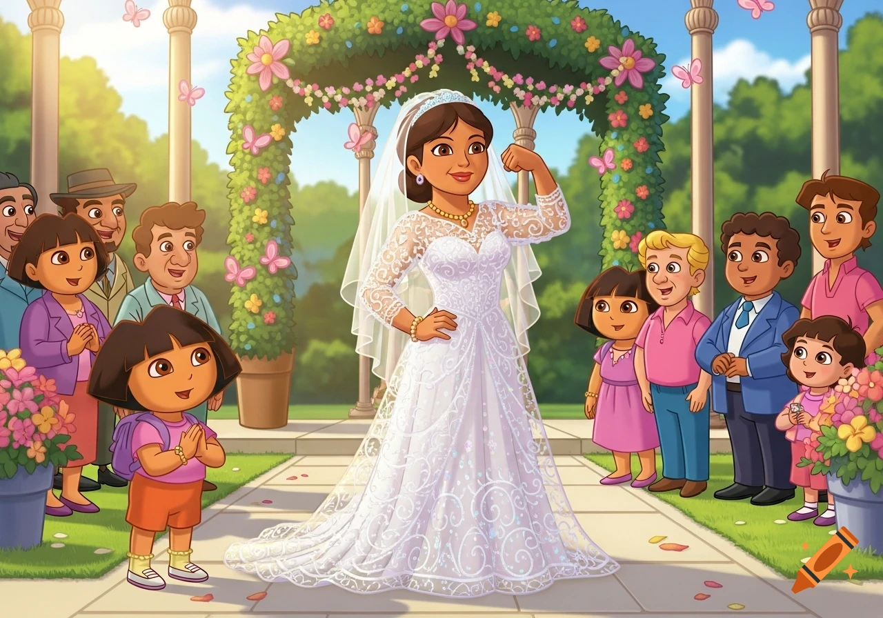 Dora the Explorer's mother, Mami, flexes her bicep in a white wedding gown, surrounded by Dora and other family members in a vibrant cartoon garden.