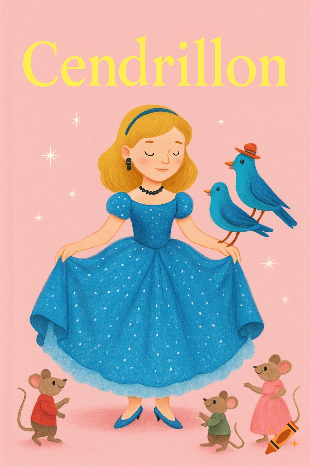 An illustration of Cinderella in a blue ball gown, surrounded by two blue birds in hats and three dressed mice. The title "Cendrillon" is at the top.