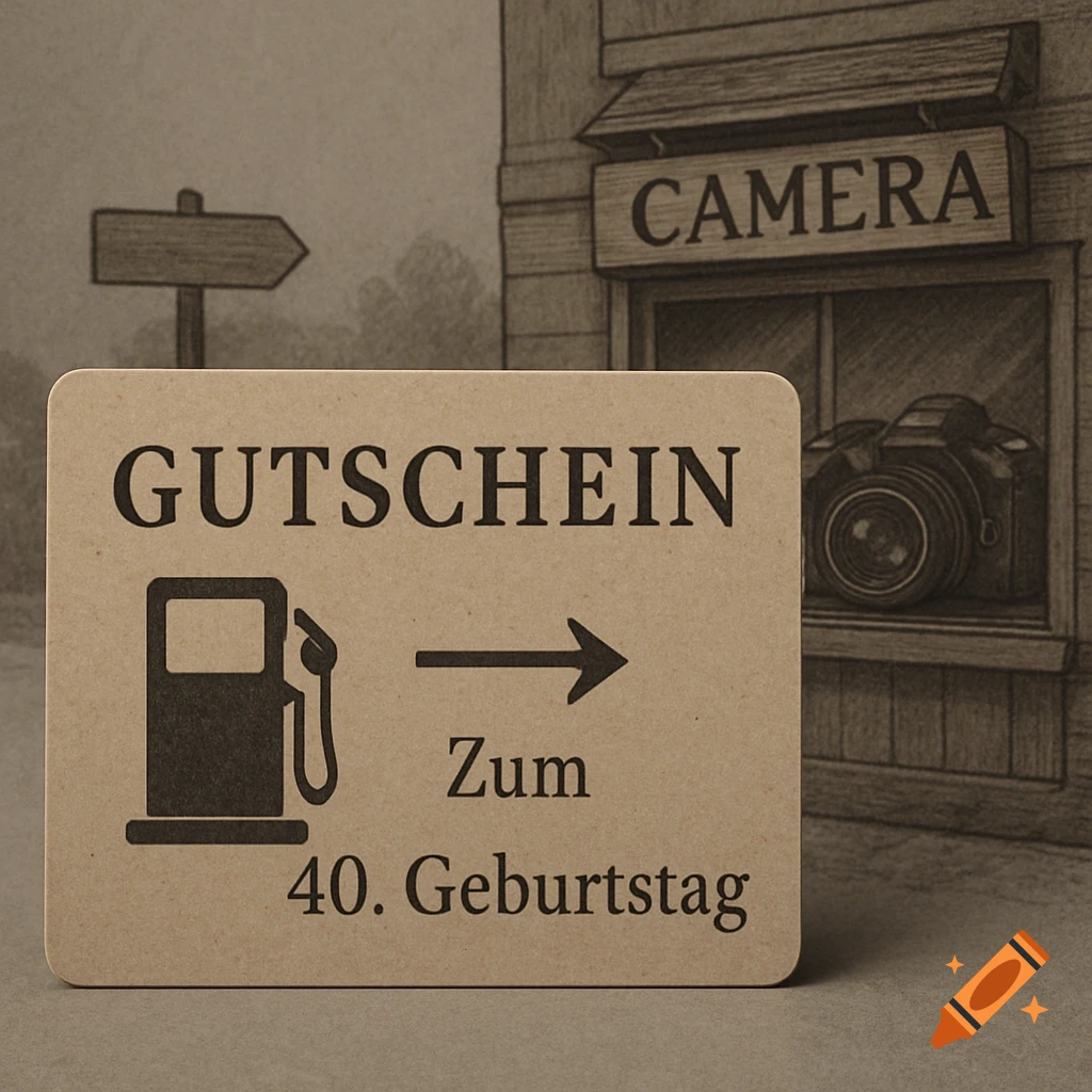 A rustic brown gift card with 'GUTSCHEIN Zum 40. Geburtstag', a gas pump icon, and an arrow pointing to a camera store with 'CAMERA' on a wooden sign. Drawn style.