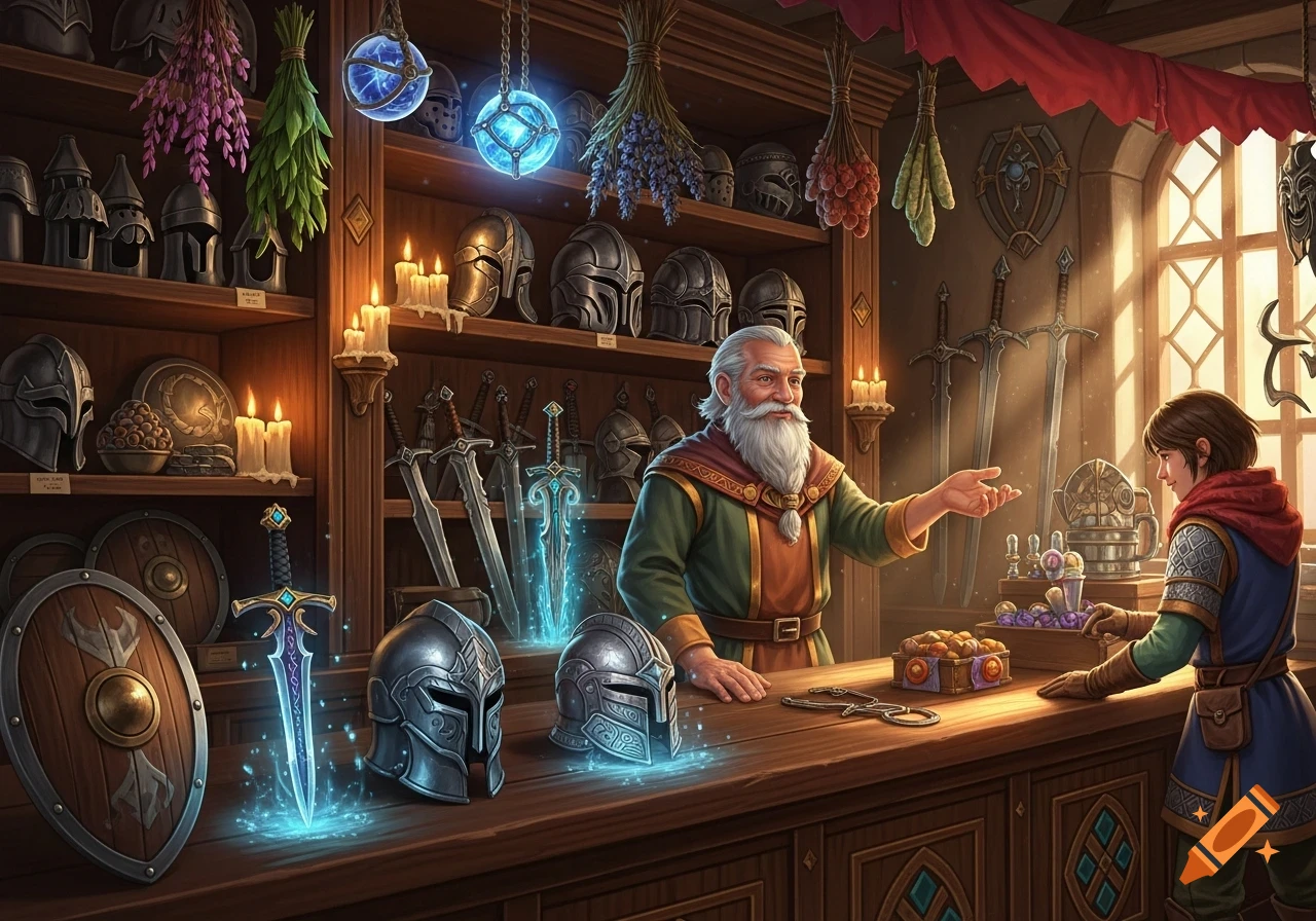 A bearded fantasy shopkeeper gestures to a customer in a dimly lit shop filled with armor, swords, and glowing magical items.