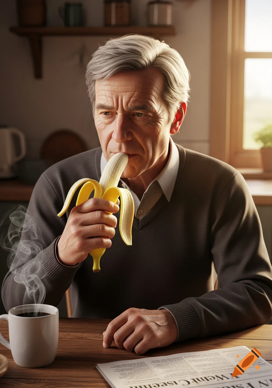 A photorealistic older man in a grey sweater eats a banana at a table with a steaming coffee mug and newspaper.
