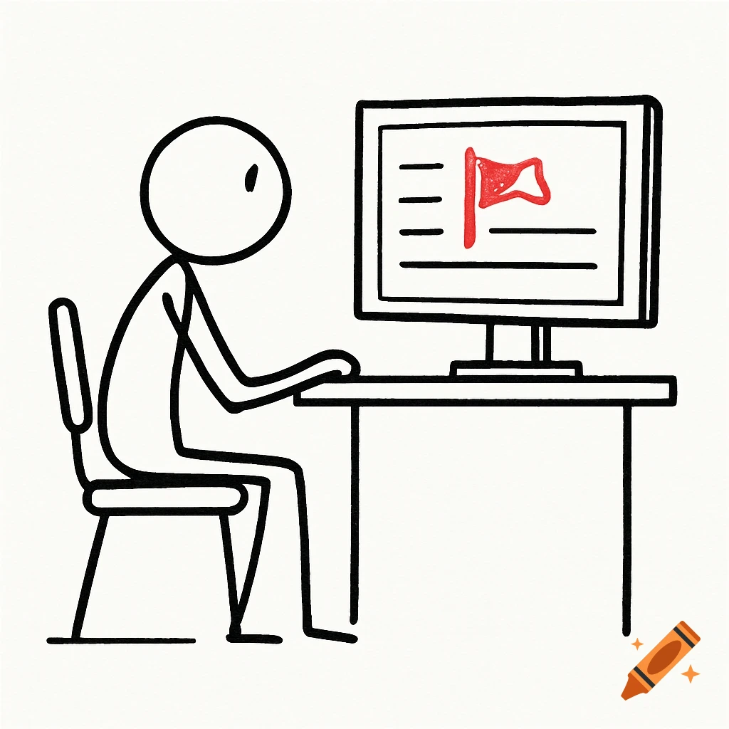 A stick figure sits at a desk, looking at a computer screen displaying an email inbox with a red flag. Simple sketch style.