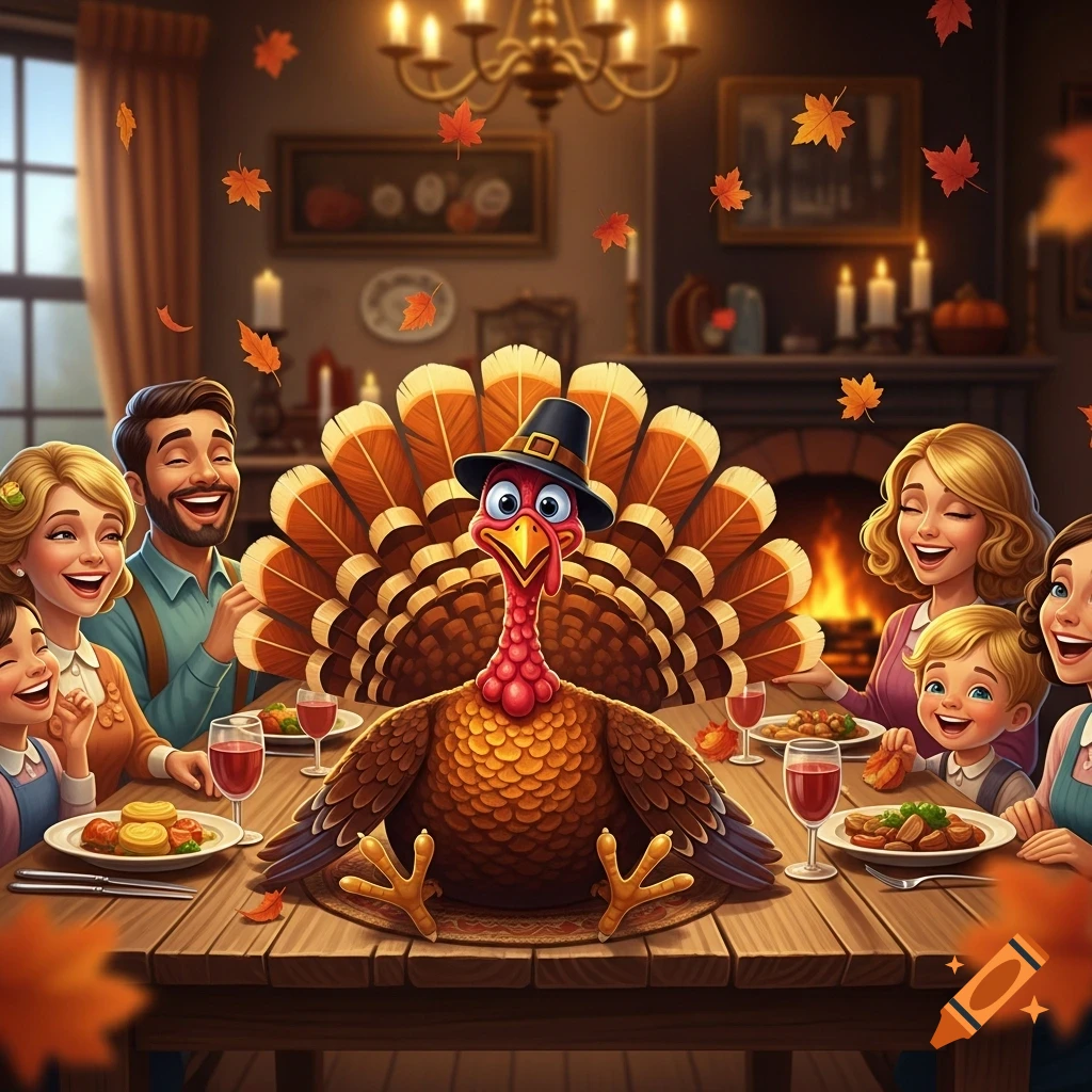 A cartoon turkey in a pilgrim hat sits at a Thanksgiving dinner table with a smiling family, surrounded by falling autumn leaves in a digital art style.