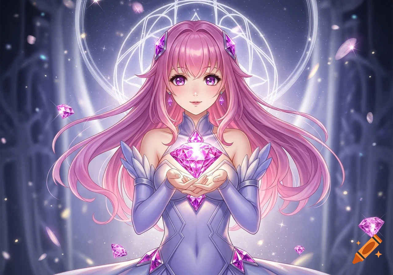 An anime girl with pink hair and purple eyes holds a large glowing pink diamond, surrounded by floating gems and magical light.