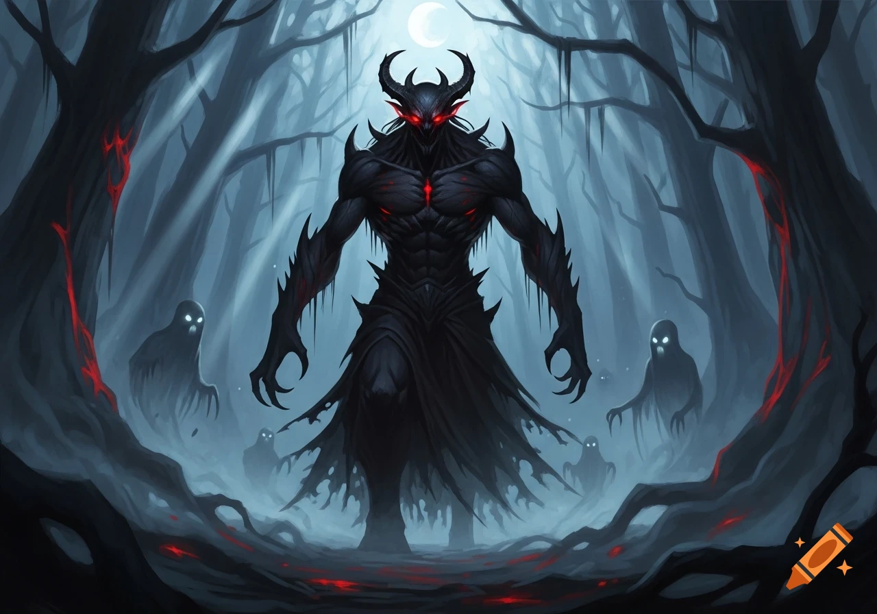 A horned demon with glowing red eyes and chest stands in a dark, misty ...