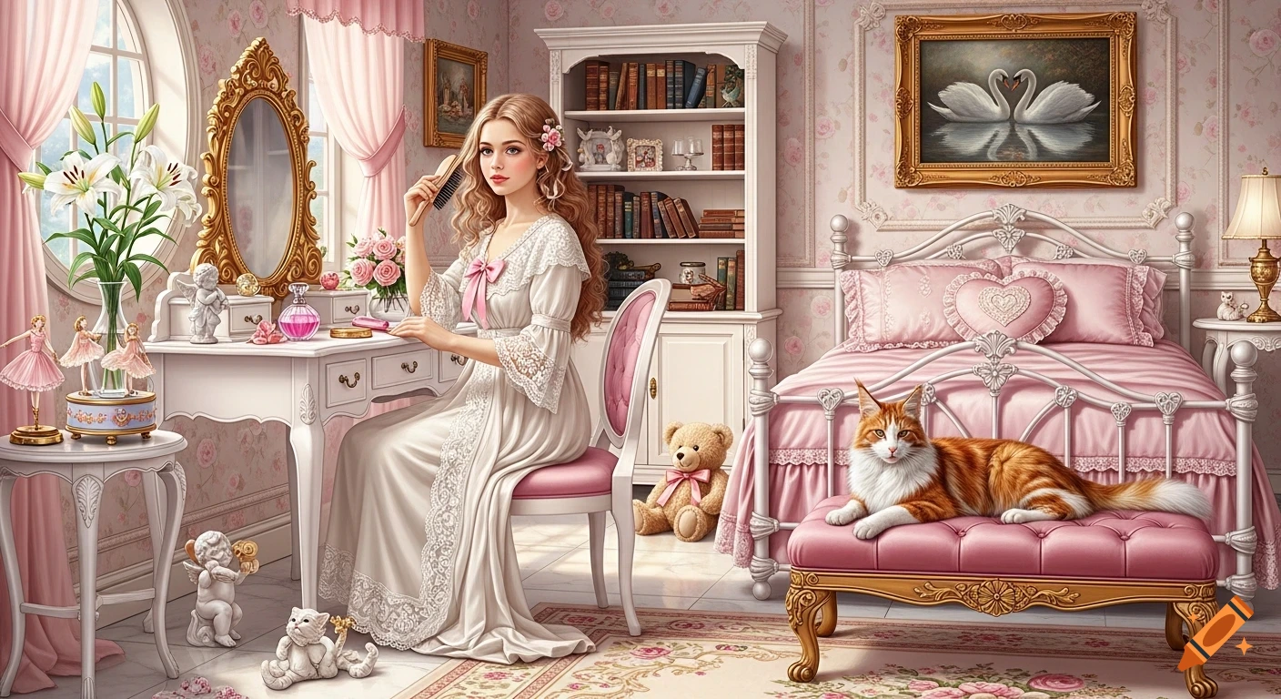 A young girl brushes her long hair at a vanity in a lavish Victorian bedroom with a cat resting on a pink ottoman, painted in a romantic oil style.