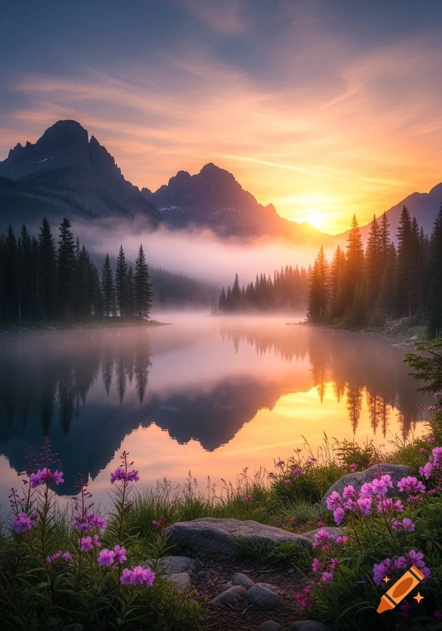 A stunning sunset over a misty mountain lake, reflecting the vibrant ...