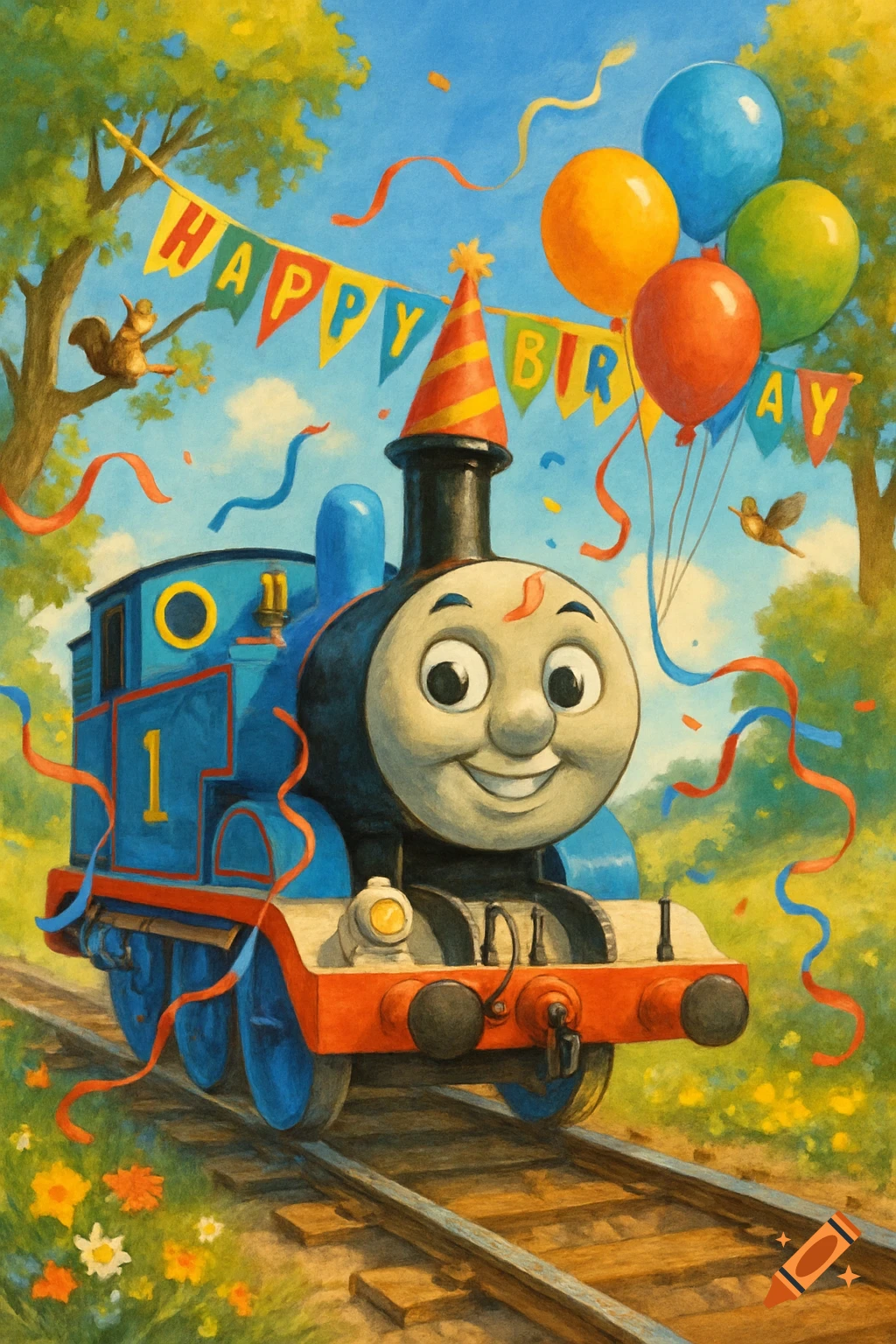 Thomas the Tank Engine in a party hat on tracks with balloons and a ...