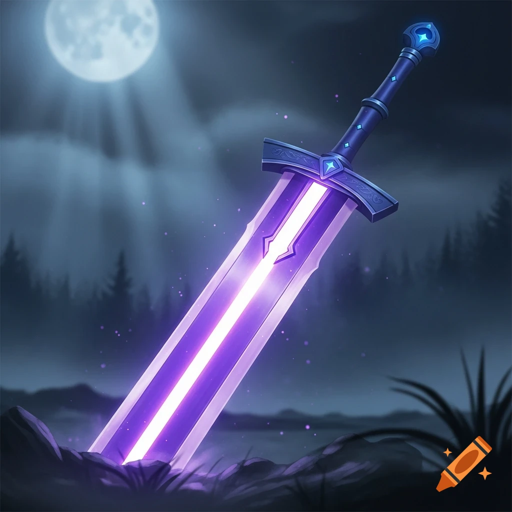 A glowing purple broadsword with a white stripe down its blade, plunged into rocky ground under a full moon in a dark forest.
