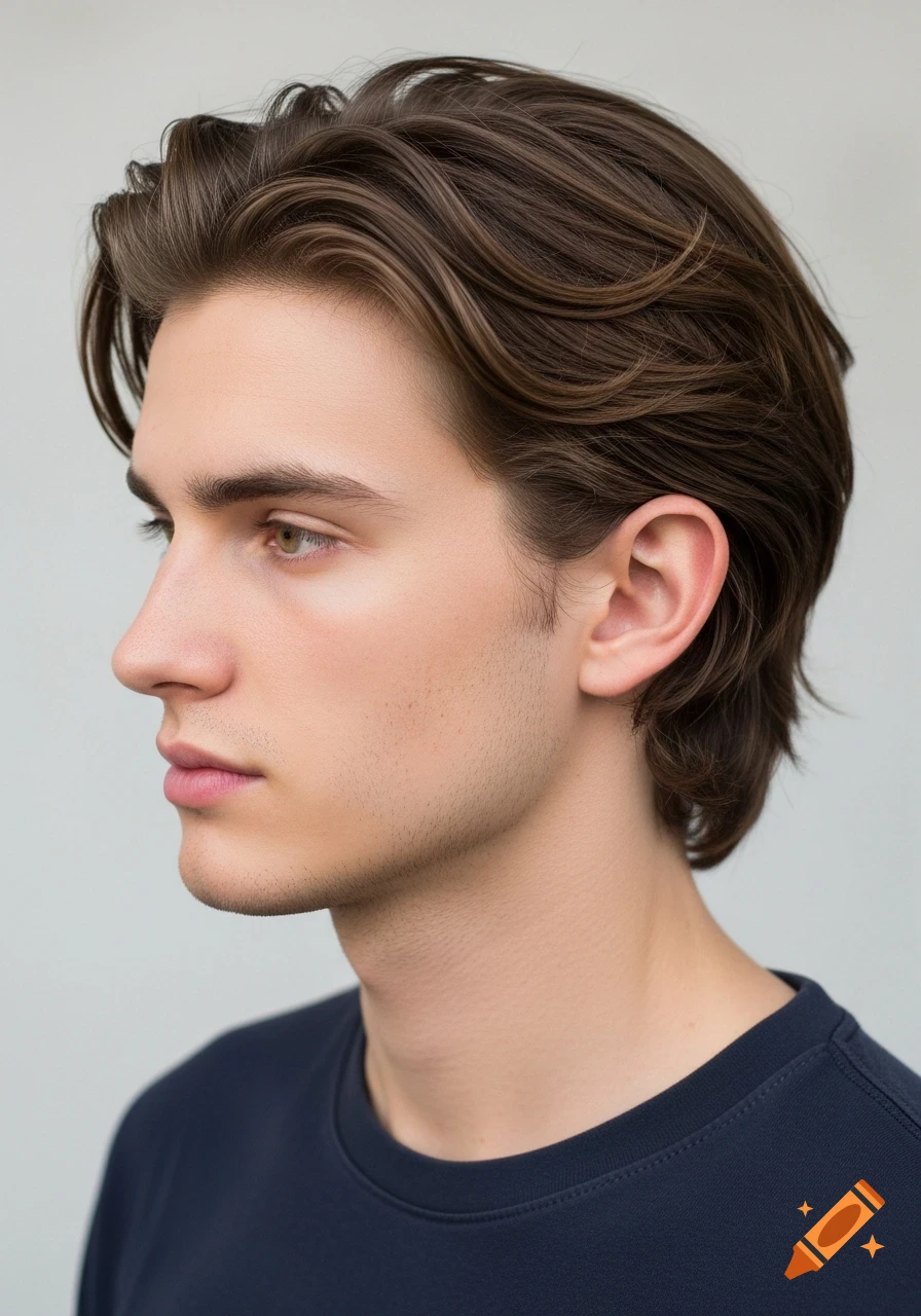 Photorealistic profile portrait of a young man with brown wavy hair and a dark blue shirt.