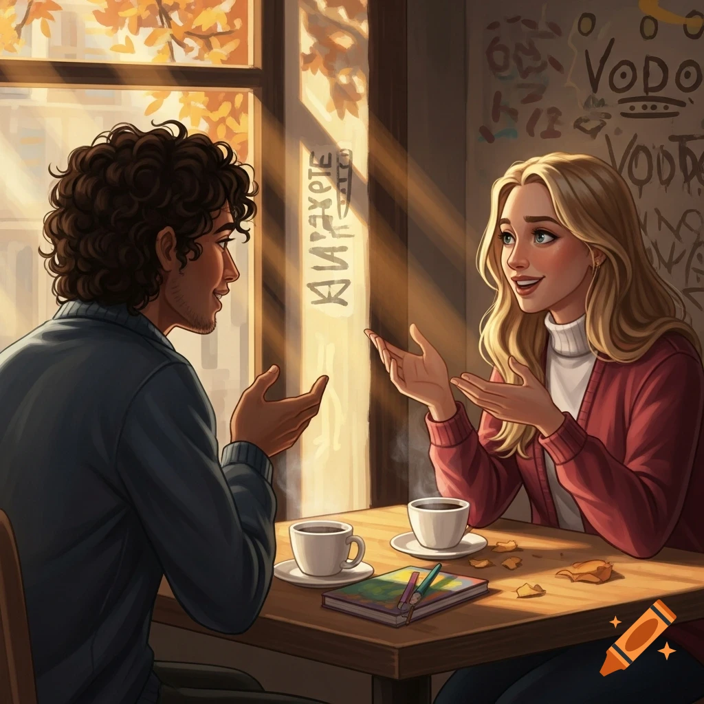 Illustration of a man and woman talking at a cafe table with cups of coffee, sunlight streaming through an autumn window.