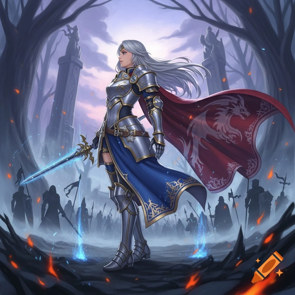 Female knight in silver and gold armor with a red dragon cape holds a ...