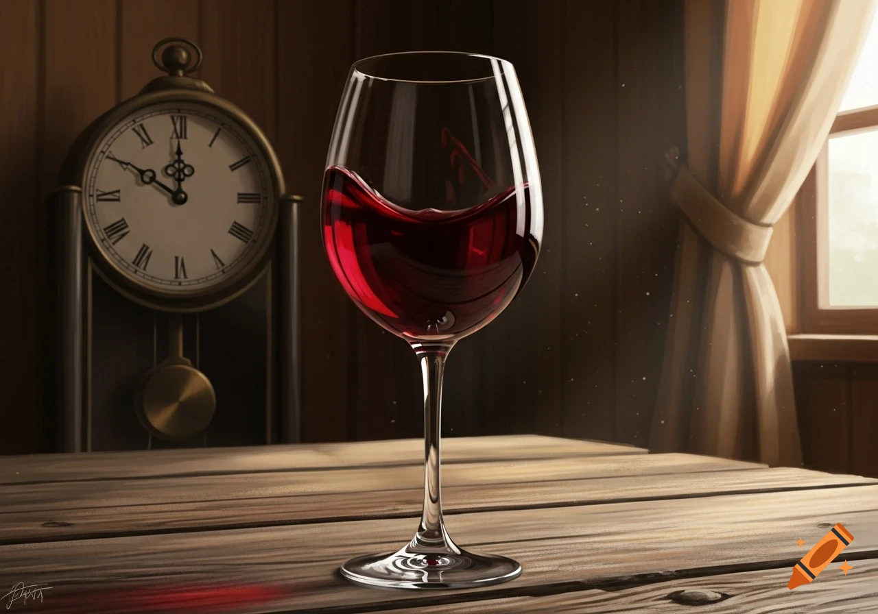 A glass of red wine on a rustic wooden table with a vintage clock set to 5:15 in the background.