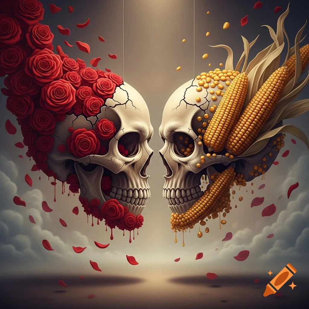 Two cracked skulls face each other, one covered in red roses and the other with corn, against a cloudy sky with falling petals and kernels.