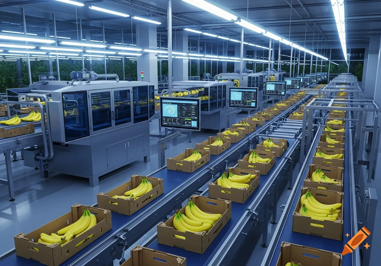 Bananas moving along a conveyor belt system in a brightly lit, automated food processing factory.